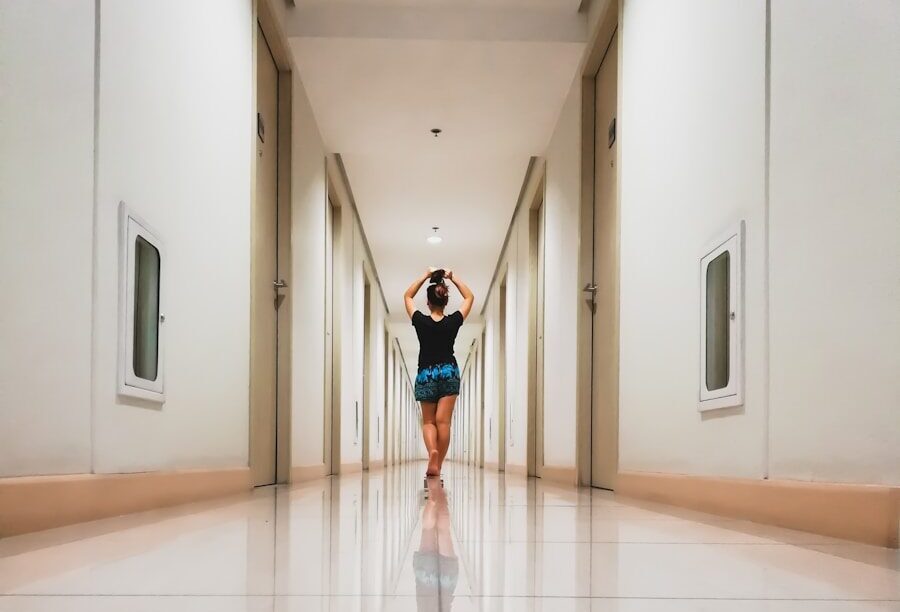 woman walking along alley
